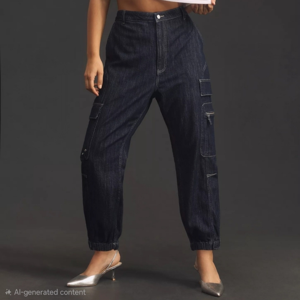 Anthropologie Pilcro Seamed Sport Low-Rise Dark Blue Boyfriend Cargo Jeans.